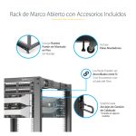 Imagen del StarTech.com rack 12U móvil de marco abierto con cuatro columnas para servidores, SKU 4POSTRACK12U. Incluye ruedas y patas niveladoras.