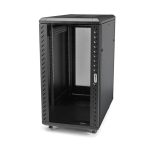 Vista del StarTech.com Armario Rack para Servidores 18U 19 pulgadas con cuatro columnas, cerradura de seguridad, ruedas y carriles de montaje ajustables, SKU RK1836BKF