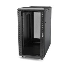 Vista del StarTech.com Armario Rack para Servidores 18U 19 pulgadas con cuatro columnas, cerradura de seguridad, ruedas y carriles de montaje ajustables, SKU RK1836BKF