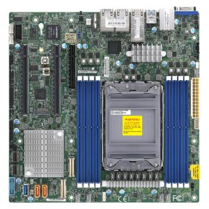 Vista frontal de la placa base Supermicro MBD-X12SPM-LN6TF-B para Intel C621A, LGA 4189, formato micro ATX, con 6 puertos LAN