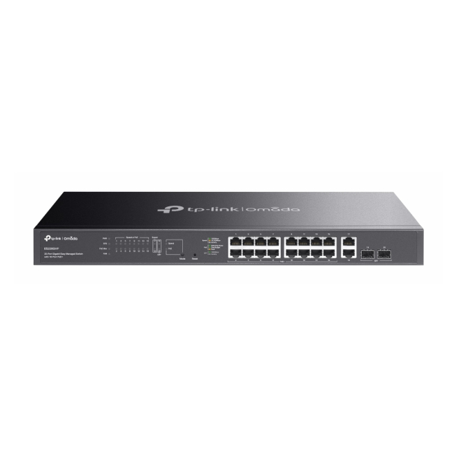 TP-Link switch gestionado L2 Omada ES220GMP con PoE y Gigabit Ethernet Imagen del switch gestionado TP-Link Omada ES220GMP color negro con capacidad Gigabit Ethernet y PoE, SKU ES220GMP.