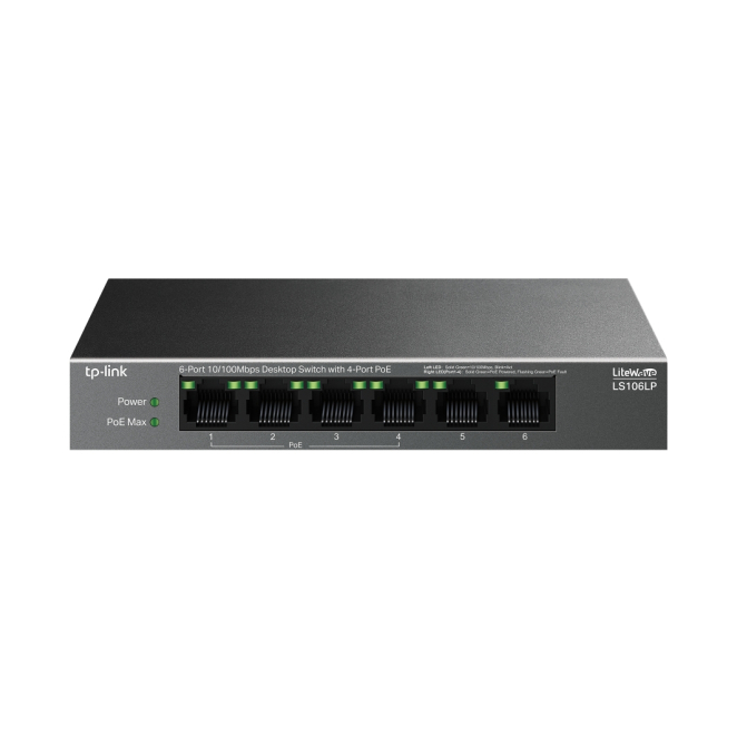 TP-Link LiteWave LS106LP Switch Fast Ethernet PoE Negro Vista del switch TP-Link LiteWave LS106LP no administrado, Fast Ethernet 10/100 con Energía sobre Ethernet (PoE), SKU LS106LP