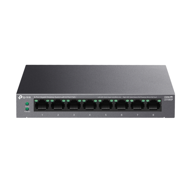 TP-Link LiteWave Gigabit Ethernet Switch PoE Negro Imagen del switch TP-Link LiteWave LS108GP Gigabit Ethernet no administrado, PoE, en color negro. SKU: LS108GP
