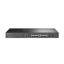 Imagen del switch gestionado TP-Link Omada L2+ de 18 puertos, compatible con Ethernet 100/1000/2500, Energía sobre Ethernet (PoE), SKU SG3218XP-M2, en color negro.