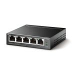 Imagen del switch TP-Link TL-SF1005LP, un switch no administrado de 5 puertos Fast Ethernet (10/100) con soporte para Energía sobre Ethernet (PoE), de color negro y modelo TL-SF1005LP.
