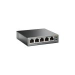 Imagen del TP-Link TL-SF1005P, un switch no administrado con capacidad Fast Ethernet (10/100) y soporte para Energía sobre Ethernet (PoE) en color negro. SKU: TL-SF1005P