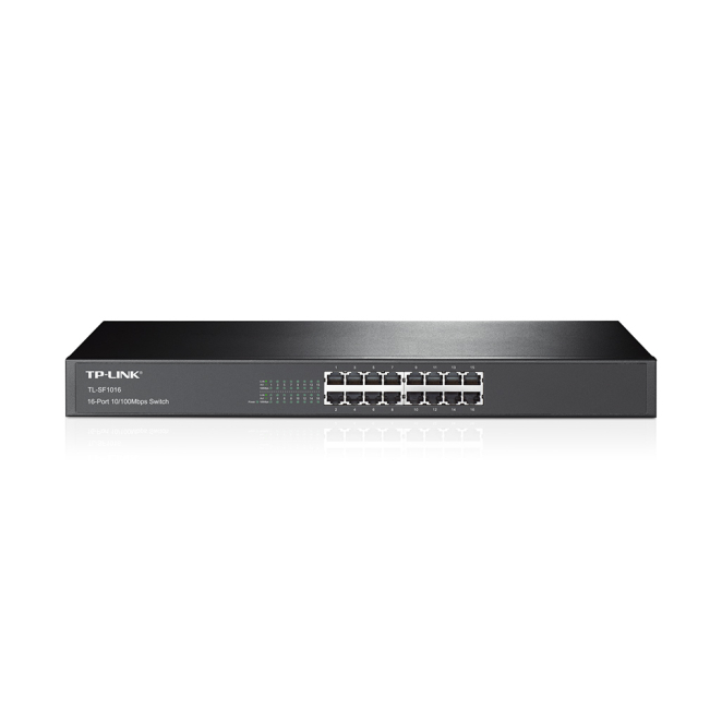 TP-Link Switch No Administrado Fast Ethernet 10/100 Negro Imagen del switch no administrado TP-Link TL-SF1016 con 16 puertos Fast Ethernet 10/100, adecuado para montajes en rack de 1U
