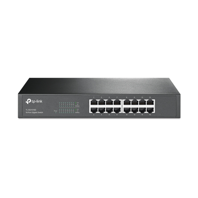 TP-Link switch no administrado L2 Gigabit Ethernet 16 puertos Imagen del switch no administrado L2 Gigabit Ethernet TP-Link TL-SG1016D con 16 puertos en color negro.