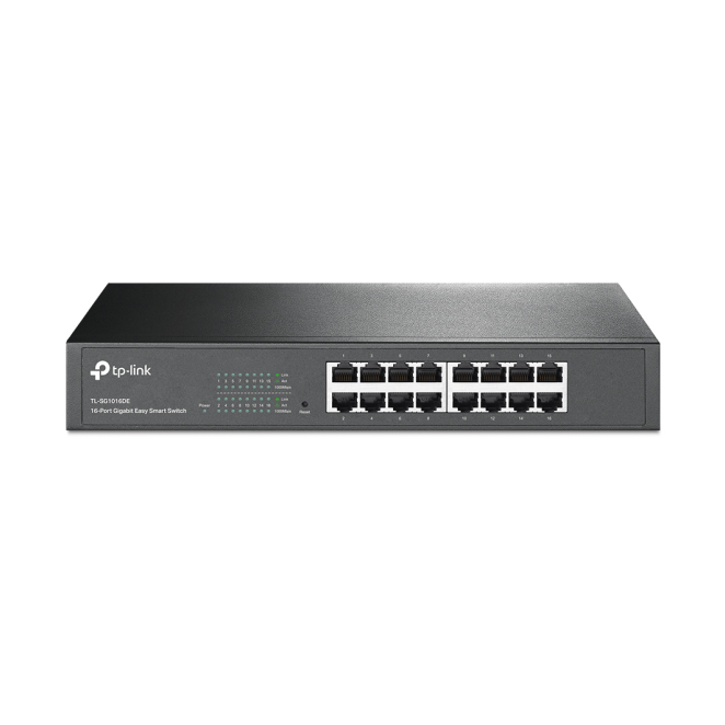 TP-Link switch gestionado L2 Gigabit Ethernet con 16 puertos Imagen del TP-Link TL-SG1016DE, un switch gestionado L2 con 16 puertos Gigabit Ethernet (10/100/1000) en color negro