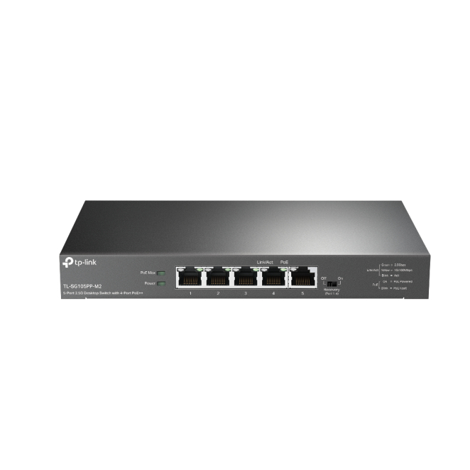 TP-Link switch no administrado Gigabit Ethernet con PoE Imagen del switch no administrado TP-Link TL-SG105PP-M2 con Ethernet Gigabit y Energía sobre Ethernet en color negro
