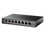 Imagen del switch gestionado TP-Link TL-SG108PE de nivel 2 con puertos Gigabit Ethernet (10/100/1000) y soporte para Energía sobre Ethernet (PoE) en color negro. SKU: TL-SG108PE