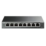 Imagen del switch gestionado TP-Link TL-SG108PE de nivel 2 con puertos Gigabit Ethernet (10/100/1000) y soporte para Energía sobre Ethernet (PoE) en color negro. SKU: TL-SG108PE