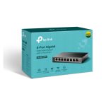 Imagen del switch gestionado TP-Link TL-SG108PE de nivel 2 con puertos Gigabit Ethernet (10/100/1000) y soporte para Energía sobre Ethernet (PoE) en color negro. SKU: TL-SG108PE