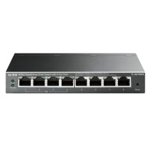 Imagen del switch gestionado TP-Link TL-SG108PE de nivel 2 con puertos Gigabit Ethernet (10/100/1000) y soporte para Energía sobre Ethernet (PoE) en color negro. SKU: TL-SG108PE
