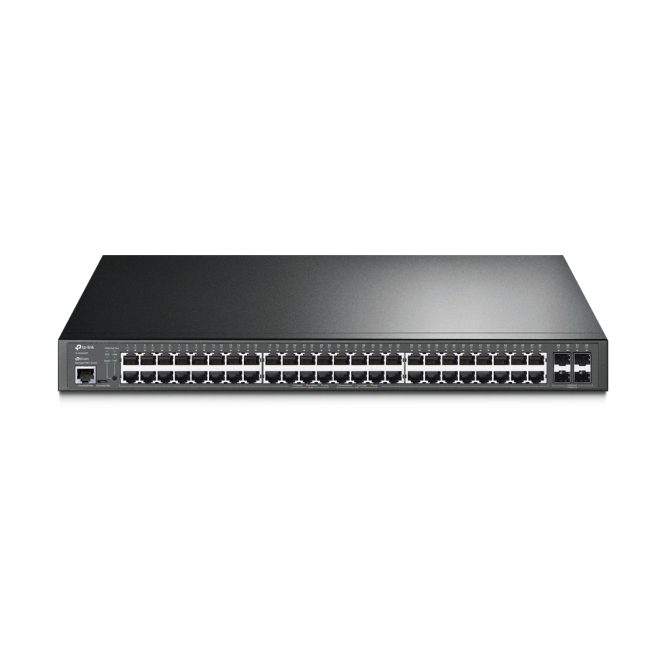 TP-Link JetStream switch gestionado Gigabit Ethernet con PoE Imagen del switch gestionado TP-Link JetStream TL-SG3452P de 48 puertos Gigabit Ethernet con soporte PoE, en formato 1U y color negro