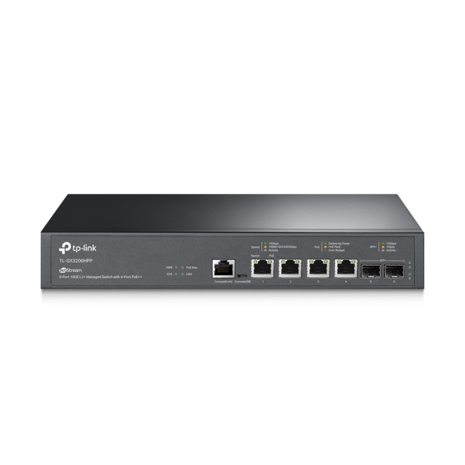 TP-Link JetStream switch gestionado L2+ 10G con PoE TP-Link JetStream switch gestionado TL-SX3206HPP de 10G Ethernet con Energía sobre Ethernet (PoE) en color negro