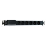 Imagen del Techly I-CASE STRIP-16SH, una unidad de distribución de energía (PDU) con 6 salidas AC en formato 1.5U, en colores negro y plata. SKU: I-CASE STRIP-16SH
