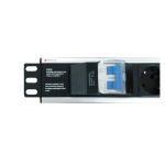 Imagen del Techly I-CASE STRIP-16SH, una unidad de distribución de energía (PDU) con 6 salidas AC en formato 1.5U, en colores negro y plata. SKU: I-CASE STRIP-16SH