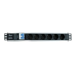 Imagen del Techly I-CASE STRIP-16SH, una unidad de distribución de energía (PDU) con 6 salidas AC en formato 1.5U, en colores negro y plata. SKU: I-CASE STRIP-16SH