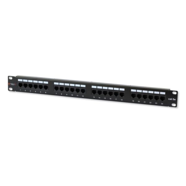 Panel de parcheo Techly con 24 puertos RJ45 Cat.5E, ideal para instalaciones de redes, SKU I-PP 24-RU-C5ET