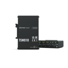 Teltonika TSW010 DIN Rain Switch de color negro con 5 puertos Fast Ethernet 10/100 y soporte para PoE, SKU TSW010000000