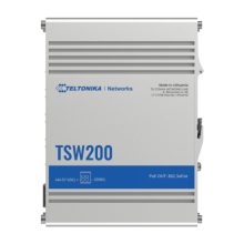 Switch Teltonika TSW200 no administrado con soporte para Gigabit Ethernet y Energía sobre Ethernet (PoE), fabricado en aluminio. SKU: TSW200000010