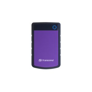 Un disco duro externo Transcend StoreJet 25H3 de 4 TB con interfaz USB 3.2 Gen 1 en colores negro y púrpura. SKU: TS4TSJ25H3P