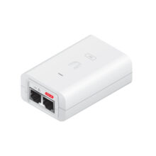 Adaptador e Inyector de PoE de la marca Ubiquiti, modelo POE-24-12W-WH, con una potencia de 24V y 12W en color blanco