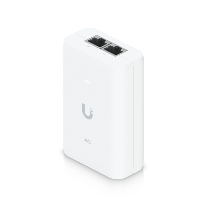Ubiquiti inyectores para red PoE+ Gigabit Ethernet 48 V Vista frontal del Ubiquiti U-PoE+, un inyector Gigabit Ethernet con 48 V de alimentación. SKU U-PoE+.
