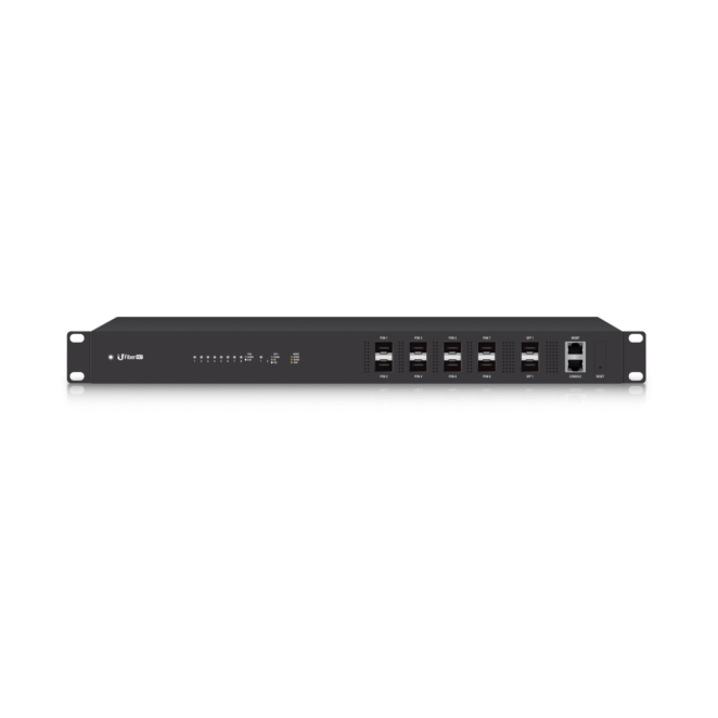 Ubiquiti U Fiber OLT Gestionado 1U Negro de Alta Capacidad Vista frontal del Ubiquiti U Fiber OLT gestionado en color negro con una capacidad de 1U, SKU UF-OLT, ideal para redes de telecomunicaciones.