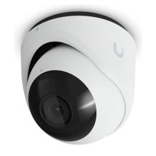 Imagen de la Ubiquiti G6 Turret, una cámara de seguridad IP para interior y exterior con resolución de 3864 x 2160 píxeles, compatible con montaje en techo o pared. SKU: UVC-G6-Turret-W