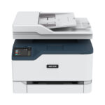 Imagen de la impresora multifuncional inalámbrica Xerox C235 con capacidad de 22 ppm, incluyendo funciones de copia, impresión, escaneado y fax. SKU: C235V_DNI.