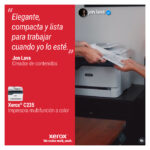 Imagen de la impresora multifuncional inalámbrica Xerox C235 con capacidad de 22 ppm, incluyendo funciones de copia, impresión, escaneado y fax. SKU: C235V_DNI.