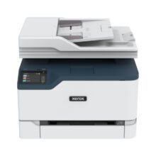 Imagen de la impresora multifuncional inalámbrica Xerox C235 con capacidad de 22 ppm, incluyendo funciones de copia, impresión, escaneado y fax. SKU: C235V_DNI.