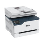 Imagen de la impresora multifuncional inalámbrica Xerox C235 con capacidad de 22 ppm, incluyendo funciones de copia, impresión, escaneado y fax. SKU: C235V_DNI.