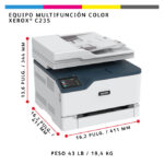 Imagen de la impresora multifuncional inalámbrica Xerox C235 con capacidad de 22 ppm, incluyendo funciones de copia, impresión, escaneado y fax. SKU: C235V_DNI.