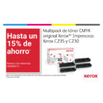Imagen de la impresora multifuncional inalámbrica Xerox C235 con capacidad de 22 ppm, incluyendo funciones de copia, impresión, escaneado y fax. SKU: C235V_DNI.