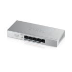 Imagen del switch gestionado Zyxel GS1200-5HP v2 con cinco puertos Gigabit Ethernet, soporte PoE y diseño en color gris. SKU: GS1200-5HPV2-EU0101F
