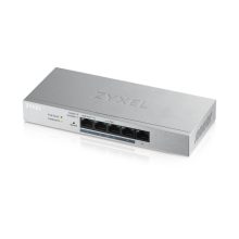 Imagen del switch gestionado Zyxel GS1200-5HP v2 con cinco puertos Gigabit Ethernet, soporte PoE y diseño en color gris. SKU: GS1200-5HPV2-EU0101F