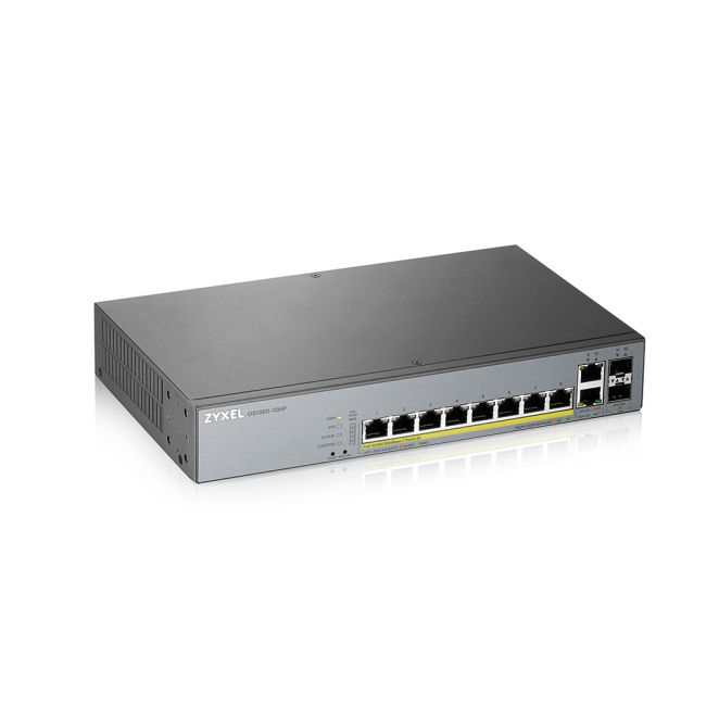 Zyxel switch Gestionado L2 con PoE y Gigabit Ethernet, 12 puertos Imagen del Zyxel GS1350-12HP-EU0101F, un switch gestionado L2 gris con 12 puertos Gigabit Ethernet (10/100/1000) y soporte de Energía sobre Ethernet (PoE). SKU: GS1350-12HP-EU0101F.