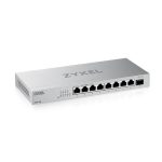 Vista del switch no administrado Zyxel XMG-108 con puertos Ethernet 100/1000/2500 Mbps en color plata. SKU: XMG-108-ZZ0101F.