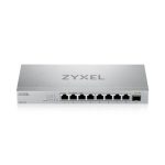 Vista del switch no administrado Zyxel XMG-108 con puertos Ethernet 100/1000/2500 Mbps en color plata. SKU: XMG-108-ZZ0101F.