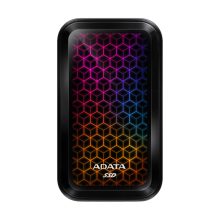 Disco Duro Externo ADATA SE770G con capacidad de 512 GB, USB 3.2 Gen 2 Tipo C, color negro y SKU ASE770G-512GU32G2-CBK. Incluye luces RGB.