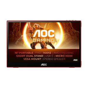 Imagen del monitor portátil AOC 16G3 de 15.6 pulgadas, pantalla TFT 1920 x 1080 pixeles, colores negro y rojo, SKU 16G3