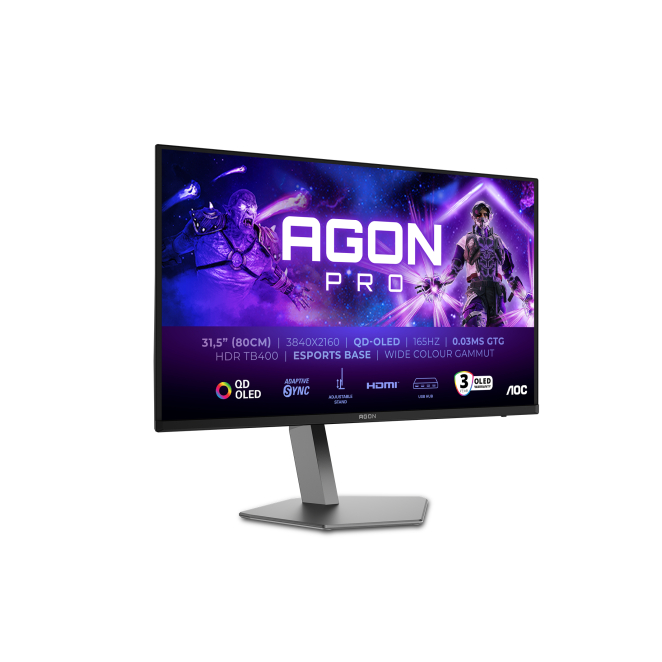 AOC AGON PRO pantalla 4K Ultra HD 31.5 pulgadas QD-OLED AOC AGON PRO AG326UD, pantalla para PC de 31.5 pulgadas, resolución 3840 x 2160 Pixeles, 4K Ultra HD, tecnología QD-OLED en color negro, SKU AG326UD