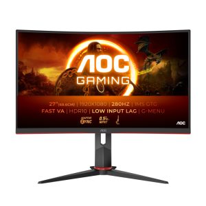 Monitor AOC G2 modelo C27G2Z3/BK con pantalla curva de 27 pulgadas, resolución 1920 x 1080 Pixeles Full HD, en color negro y rojo. SKU C27G2Z3/BK