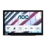 Monitor AOC 01 Series I1601P con pantalla de 15.6 pulgadas, resolución Full HD 1920 x 1080 pixeles, tecnología LED, en colores plata y negro. SKU: I1601P.