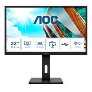 AOC P2 Q32P2, pantalla para PC de 31.5 pulgadas, resolución 2560 x 1440 pixeles, tecnología LED, color negro, modelo Q32P2