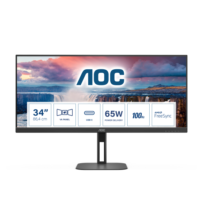 AOC pantalla UltraWide Quad HD 34 pulgadas 3440 x 1440 AOC V5 U34V5C/BK monitor de 34 pulgadas con resolución 3440 x 1440 Pixeles en color negro, SKU U34V5C/BK