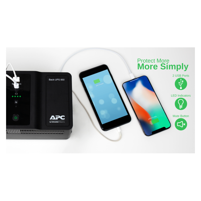 APC BE850G2-GR sistema de alimentación ininterrumpida (UPS) En espera (Fuera de línea) o Standby (Offline) 0,85 kVA 520 W 8 salidas AC 4 APC BE850G2-GR fácil configuración